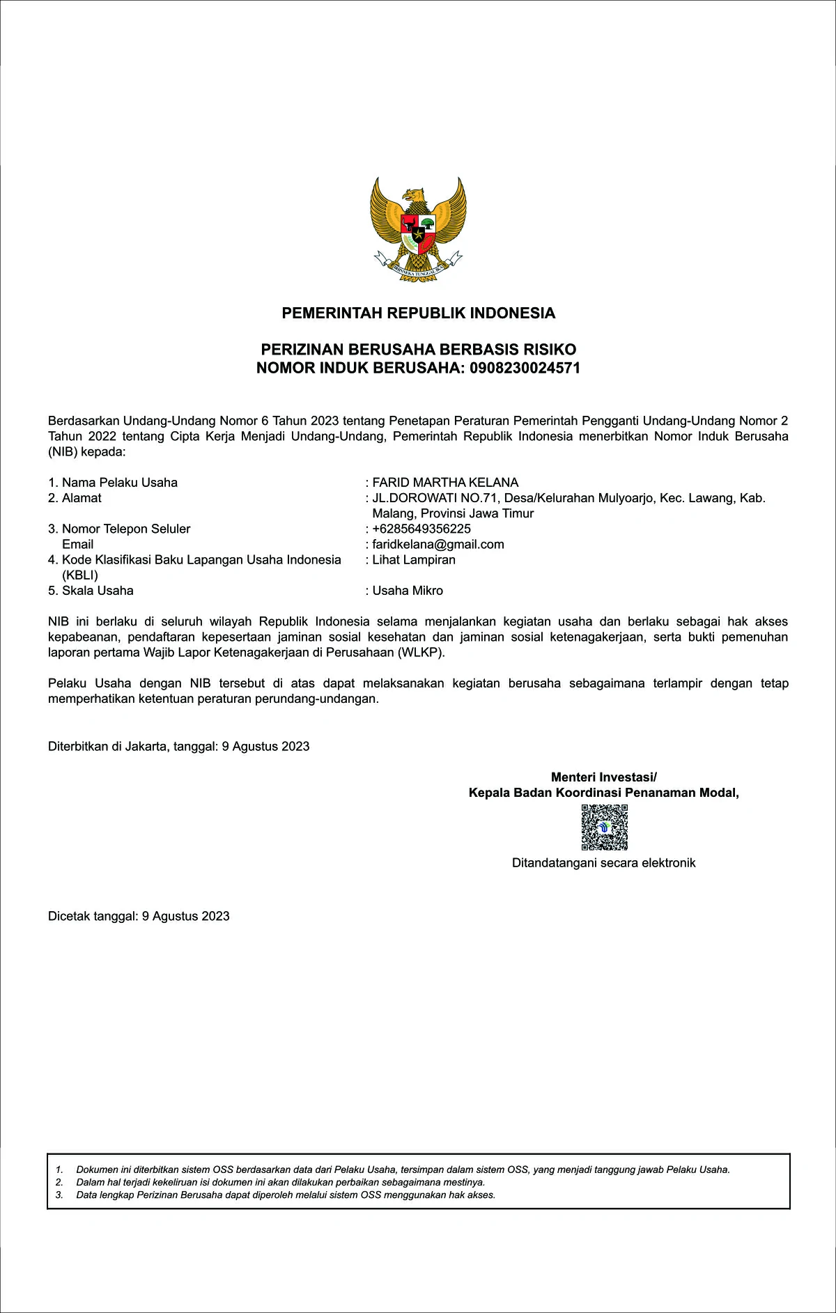 Nomor Induk Berusaha PT FMKELANA DIGI MEDIA